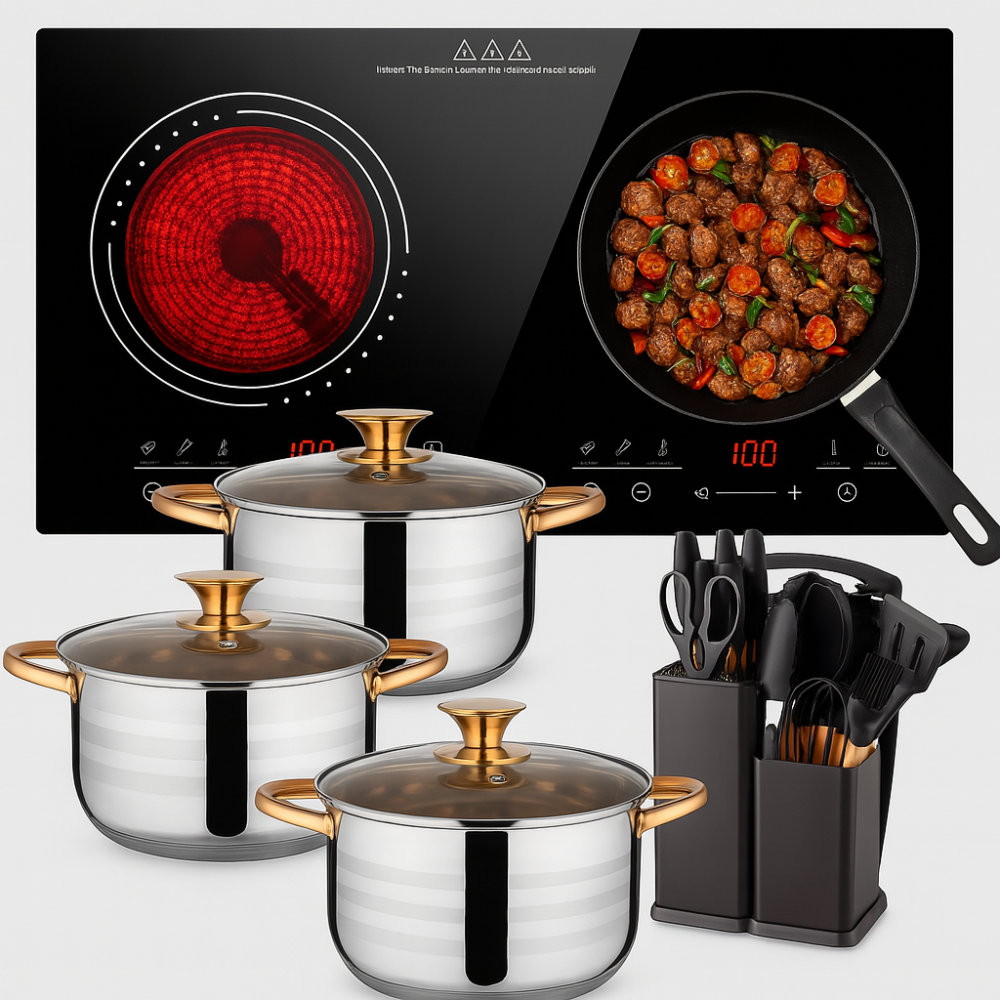 Estufa De Inducción 2000w + Bateria De Cocina + Utensilios