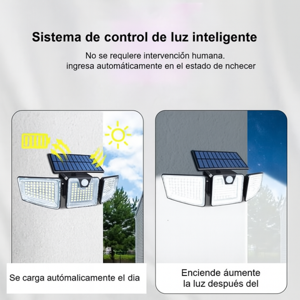 Lámpara Solar Exterior LED Sensor 3 Cabezales Ajustables