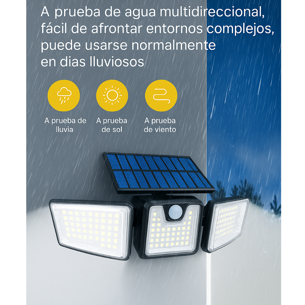 Lámpara Solar Exterior LED Sensor 3 Cabezales Ajustables