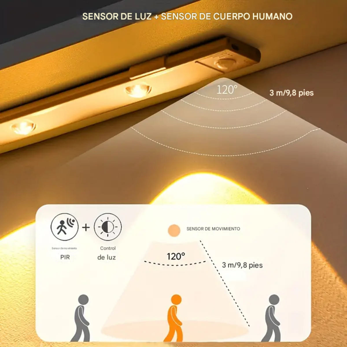Lámpara Led Sensor Barra Luz Recargable 100cm 3 Tonos Luces
