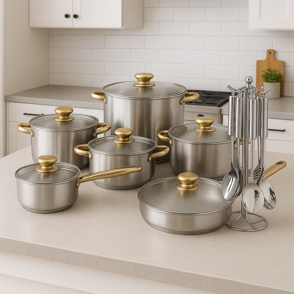 Set Ollas Acero Inox Klausberg 12Pzs Cocina Mangos Dorados