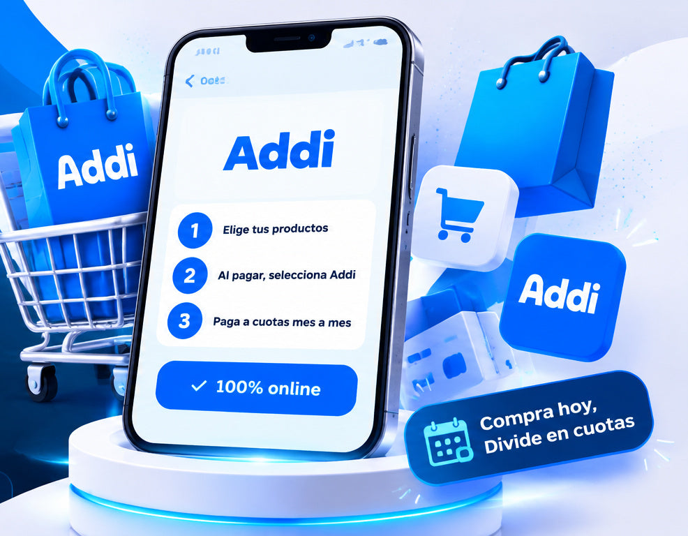 Celular con la app de Addi y carrito de compras: paga a cuotas