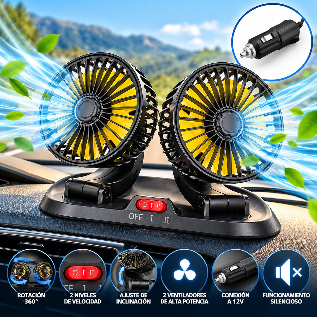 Ventilador Doble Cabezal Carro Oficina USB Graduable Aromaterapia