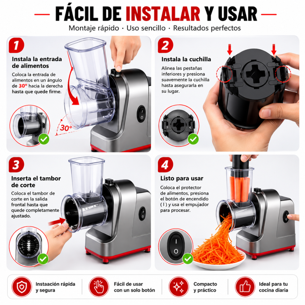 Cortador Verduras Eléctrico Rallador Queso 250W Cinco Cuchillas 110V