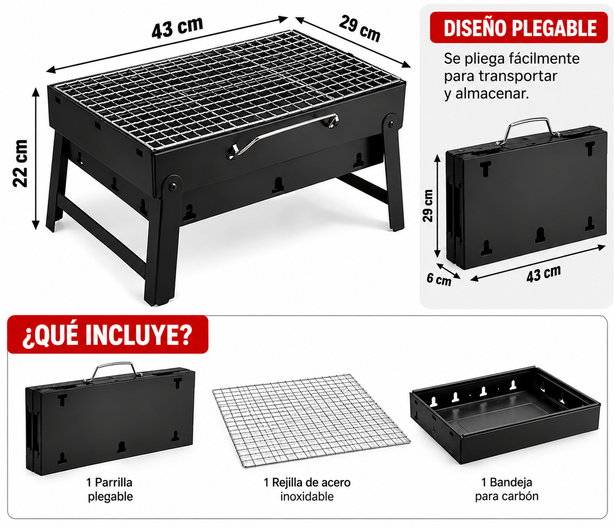 Asador Mini Plegable Portátil Carbón Camping Picnic 43x29 Cm Negro