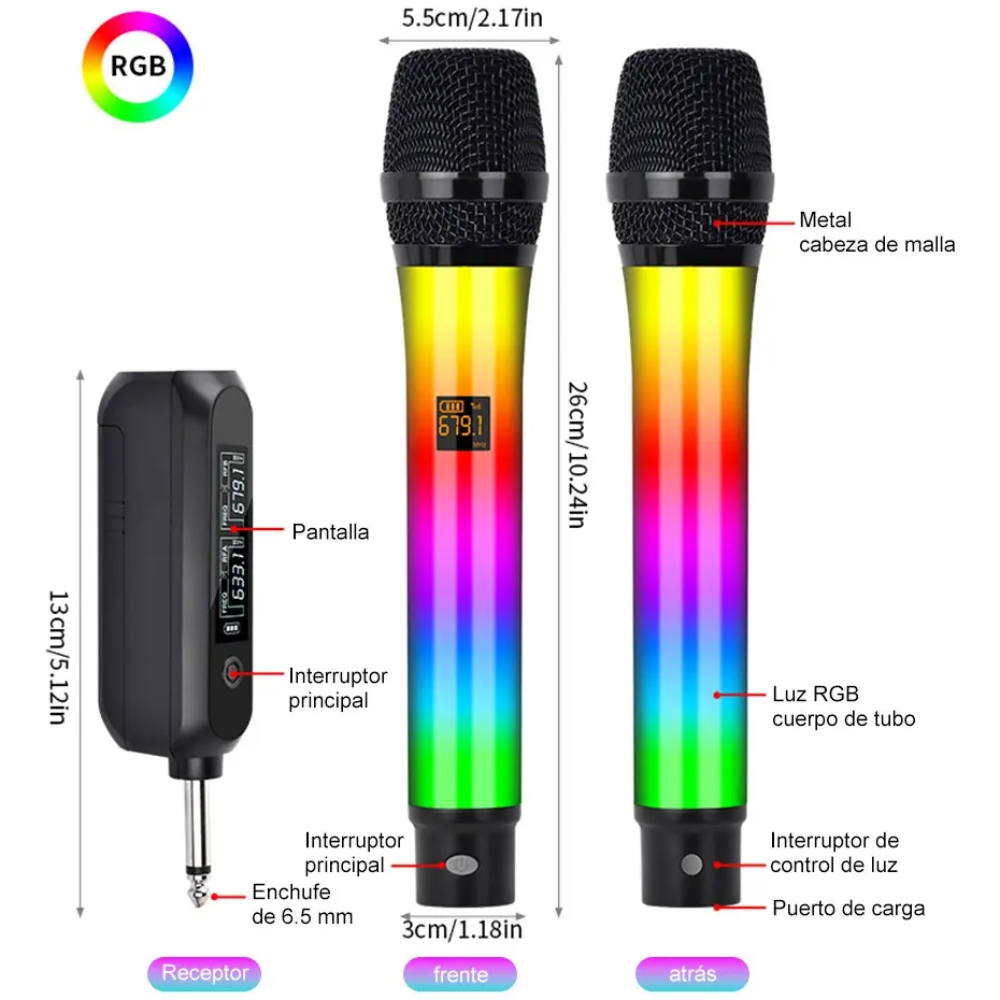 Micrófono Inalámbrico Doble Karaoke Dinámico Profesional Rgb