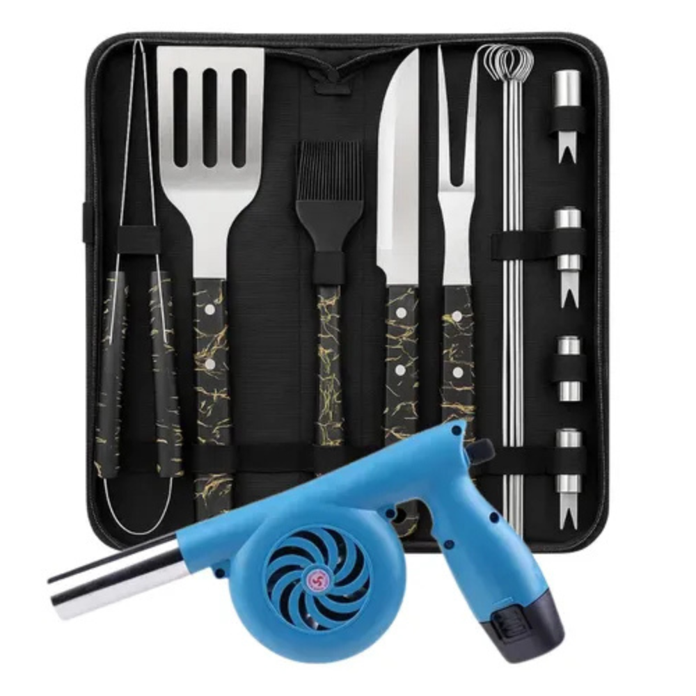 Kit Asados Parrilla BBQ Estuche 11 Piezas + Soplador Manual