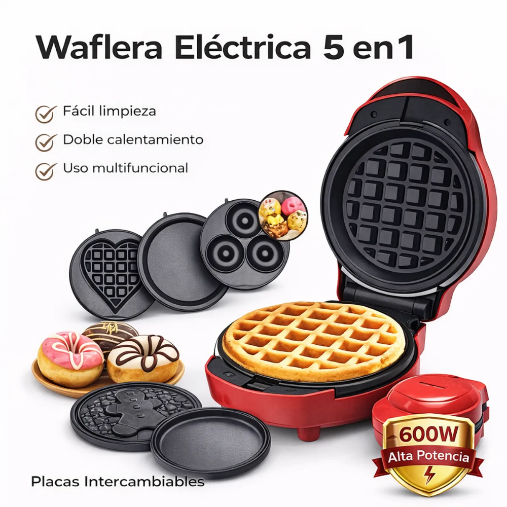 Waflera Eléctrica Sokany 5 en 1 Antiadherente 600W con Placas Intercambiables
