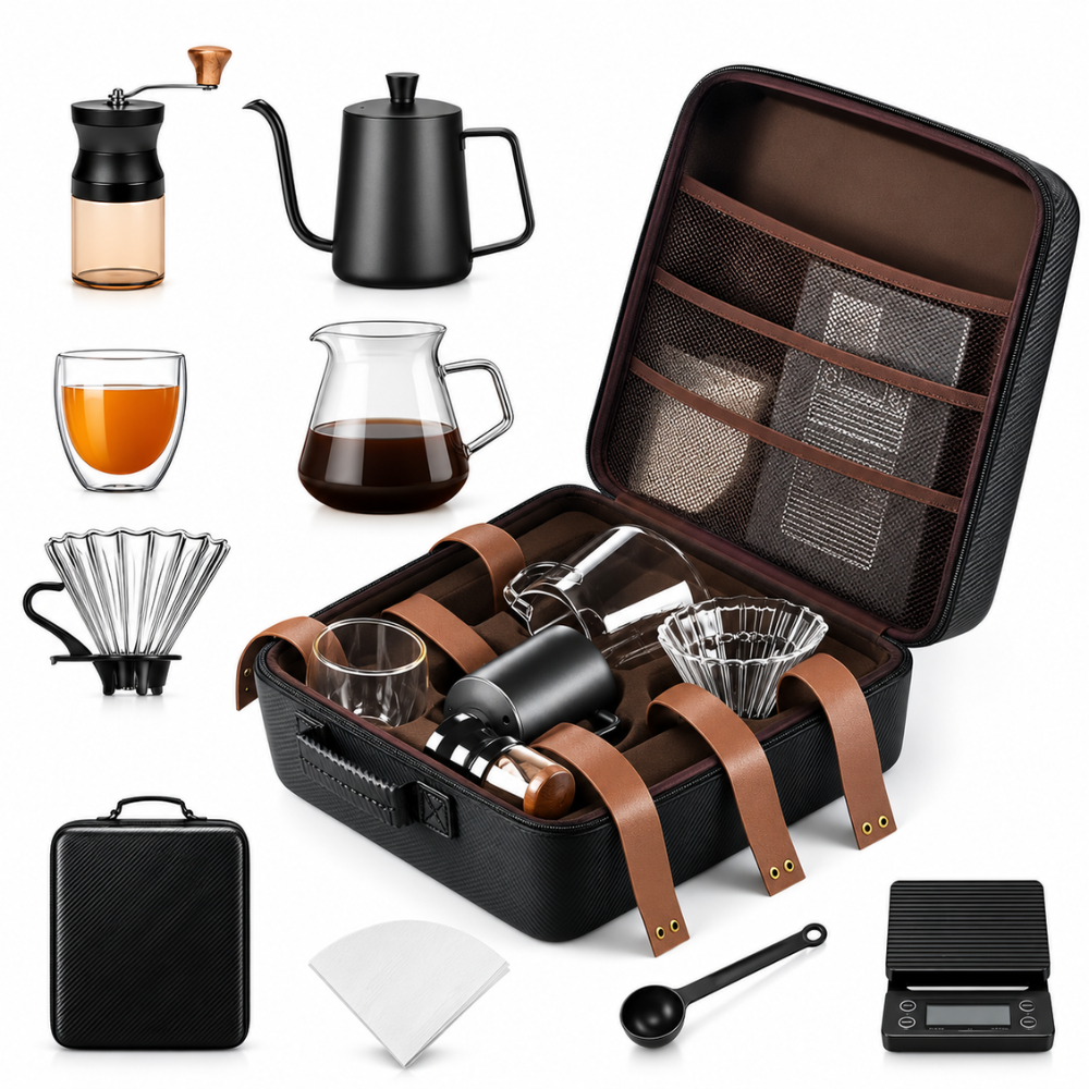 Set Cafetero Portátil Molinillo Manual Tetera Cuello Cisne Goteo 600ml