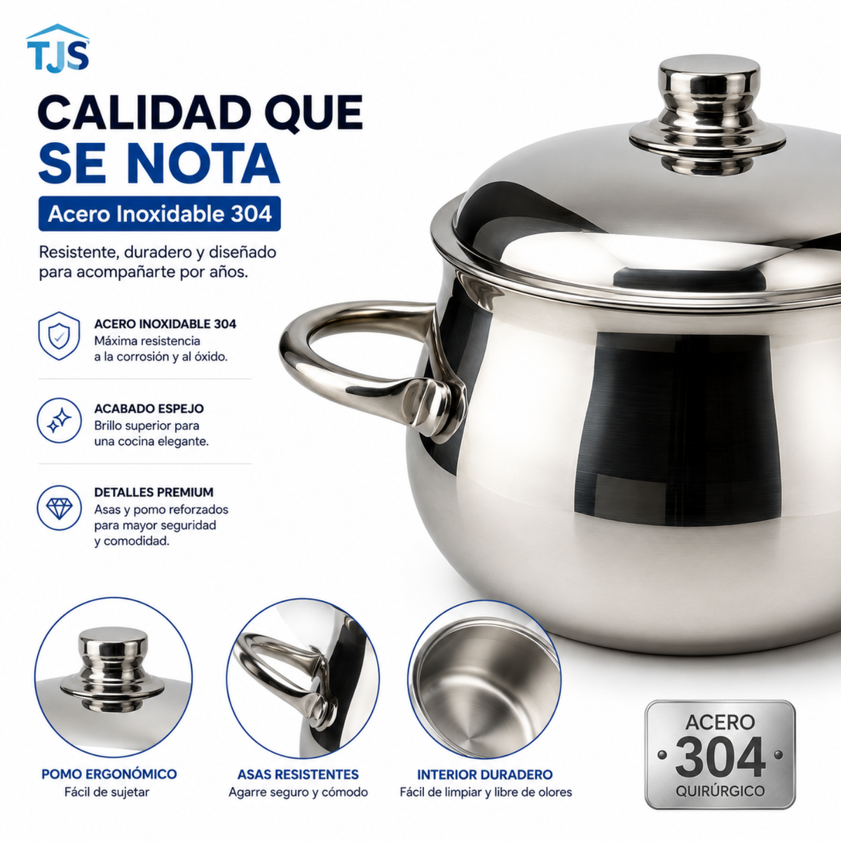 Olla Perla Premium Tapa Acero Quirúrgico T304 1.8 Litros Brillo Espejo