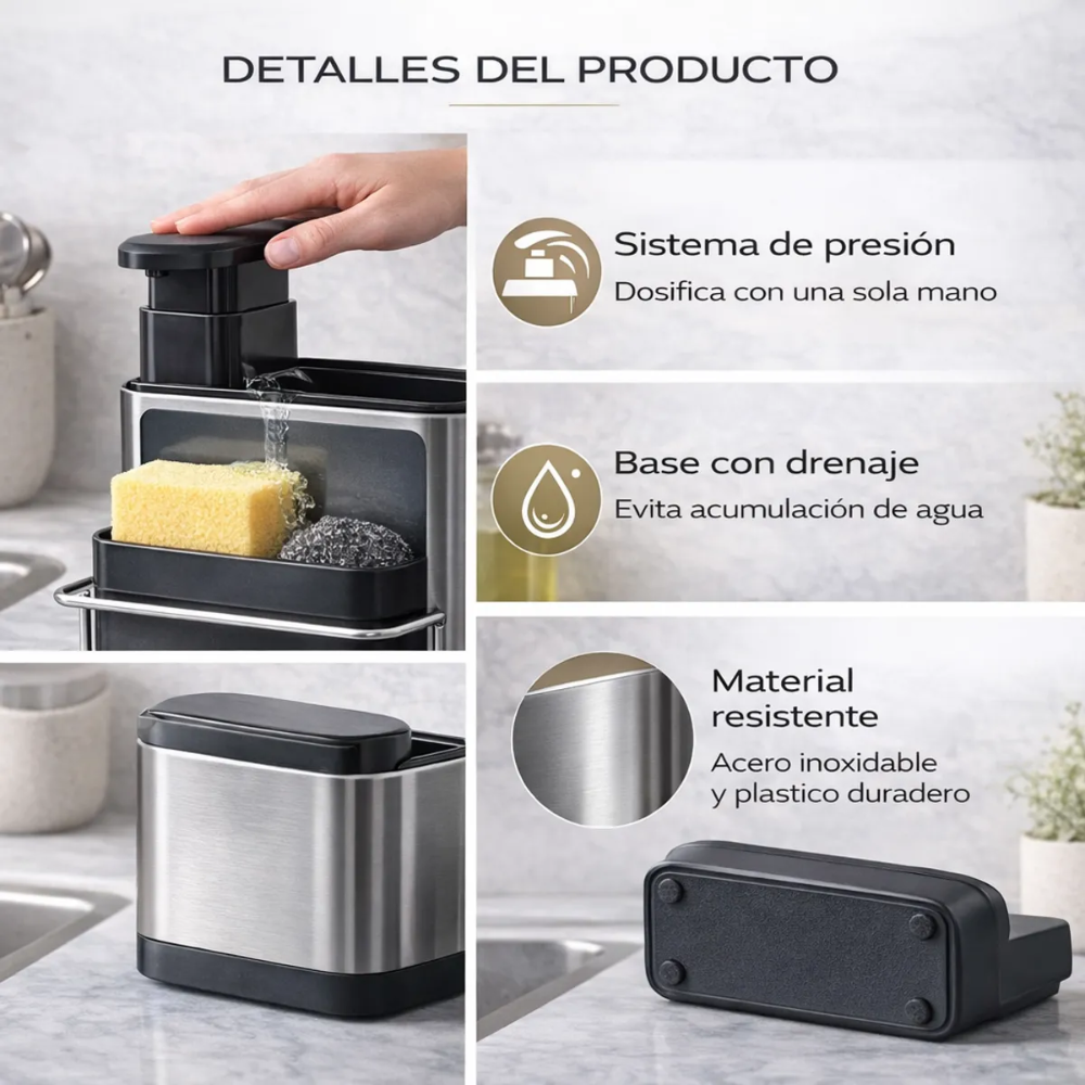 Dispensador de Jabón Líquido para Cocina con Porta Esponja 2 en 1 Antideslizante Diseño Moderno