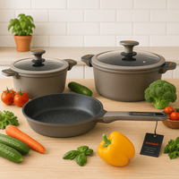 Bateria Cocina Ollas 5 Piezas Marmol Antiadherente Premium Gris