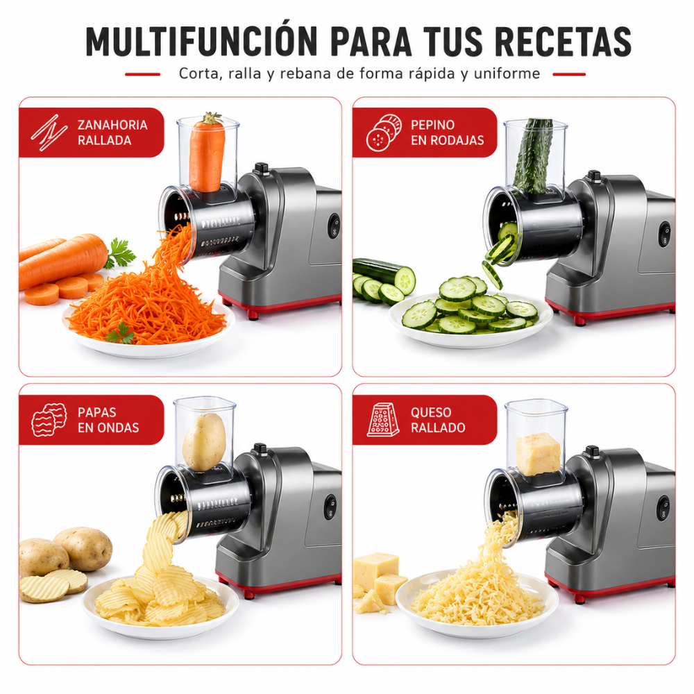 Cortador Verduras Eléctrico Rallador Queso 250W Cinco Cuchillas 110V