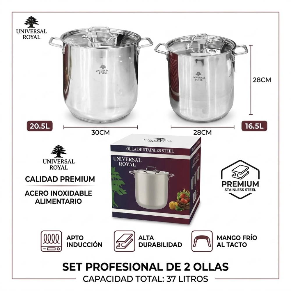 Juego Dos Ollas Soperas Universal Royal Acero Inoxidable 37 Litros