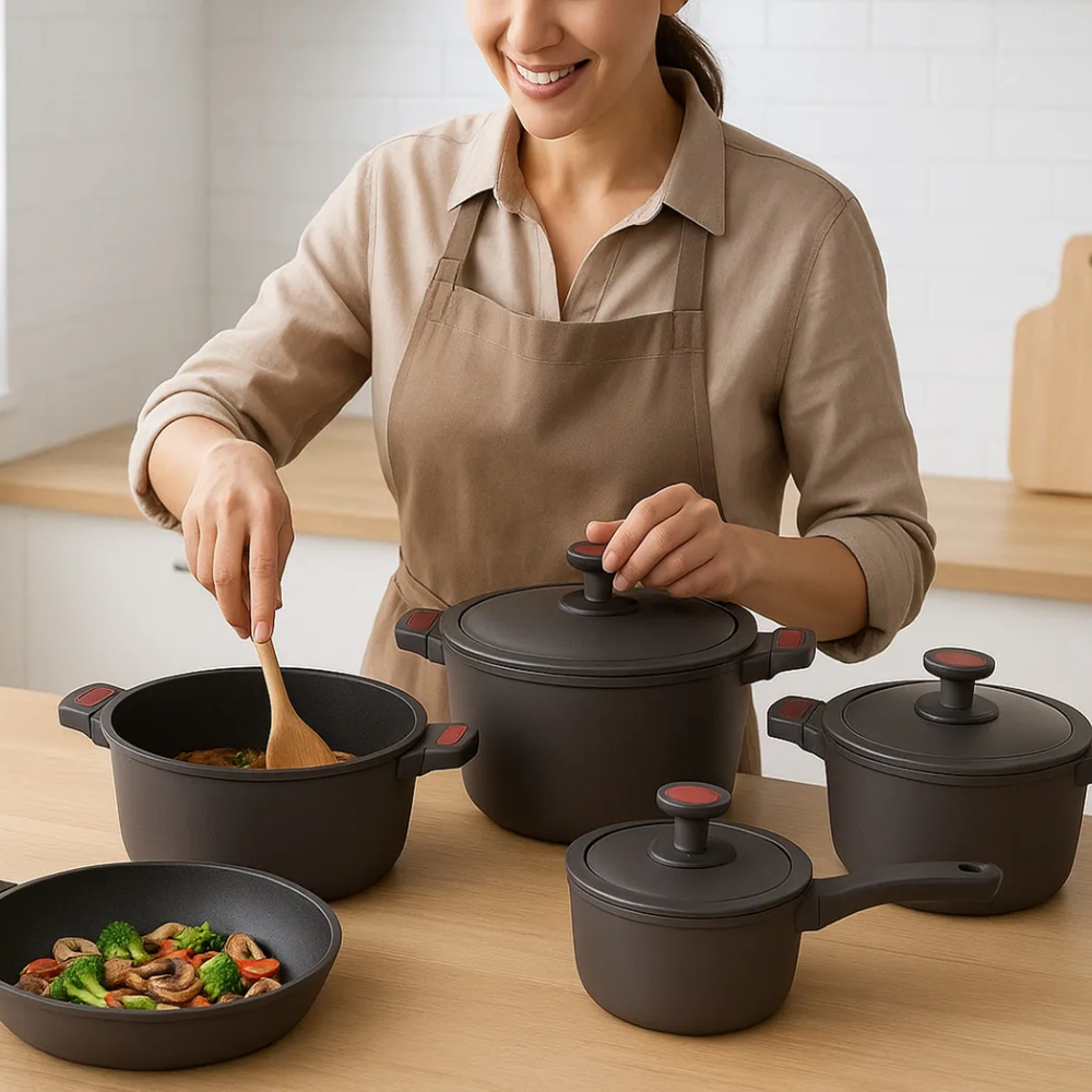 Bateria Cocina Ollas 9 Piezas Marmol Antiadherente Premium Gris