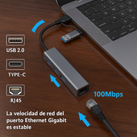Convertidor USB Tipo C a 3 Puertos USB + Puerto RJ45 Red Ethernet Alta Velocidad