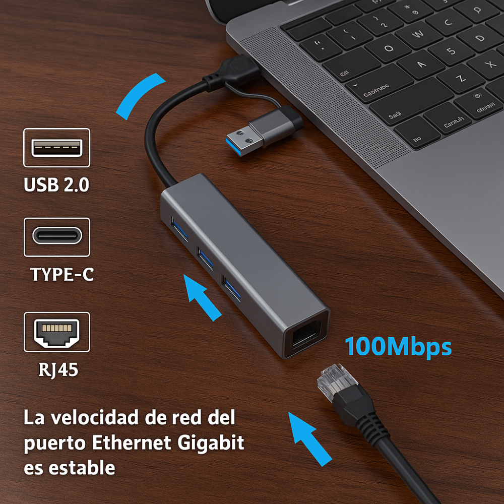 Convertidor USB Tipo C a 3 Puertos USB + Puerto RJ45 Red Ethernet Alta Velocidad