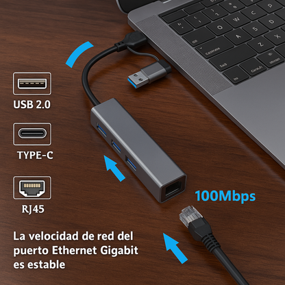 Convertidor USB Tipo C a 3 Puertos USB + Puerto RJ45 Red Ethernet Alta Velocidad