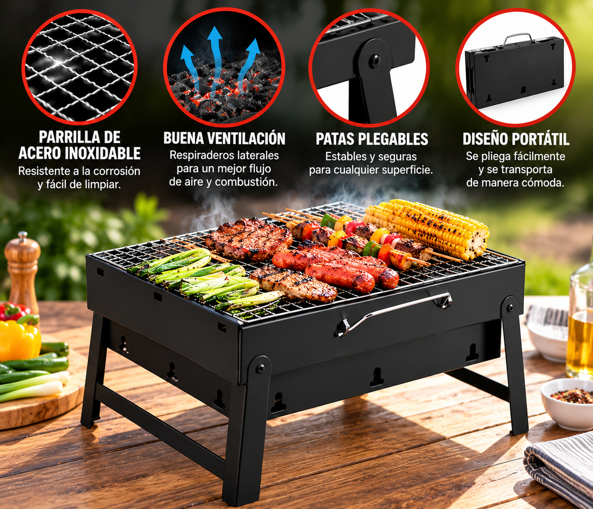 Asador Mini Plegable Portátil Carbón Camping Picnic 43x29 Cm Negro