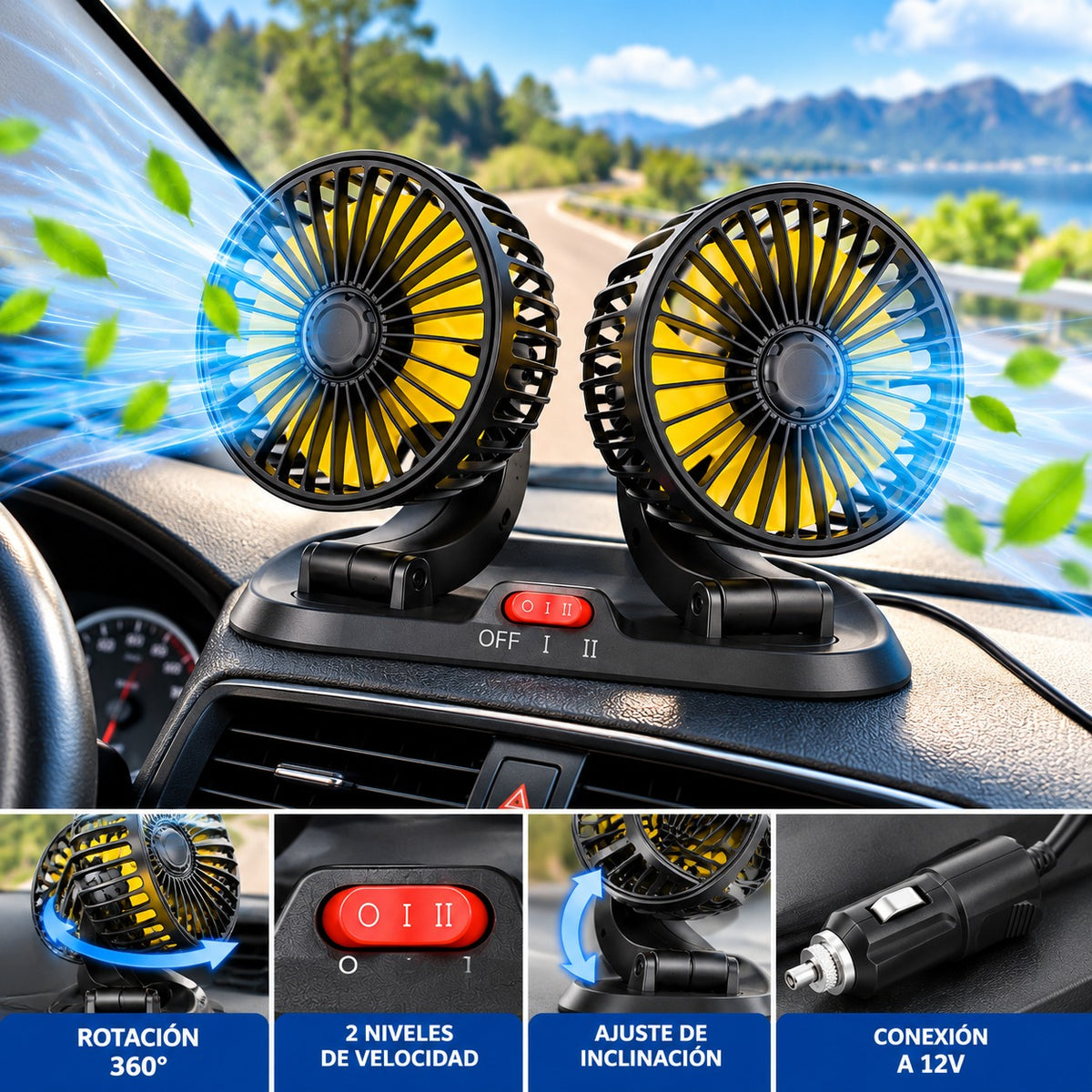 Ventilador Doble Cabezal Carro Oficina USB Graduable Aromaterapia