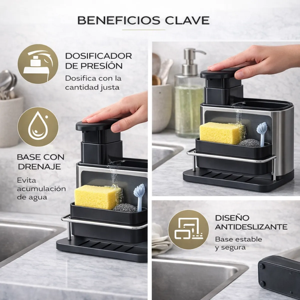 Dispensador de Jabón Líquido para Cocina con Porta Esponja 2 en 1 Antideslizante Diseño Moderno