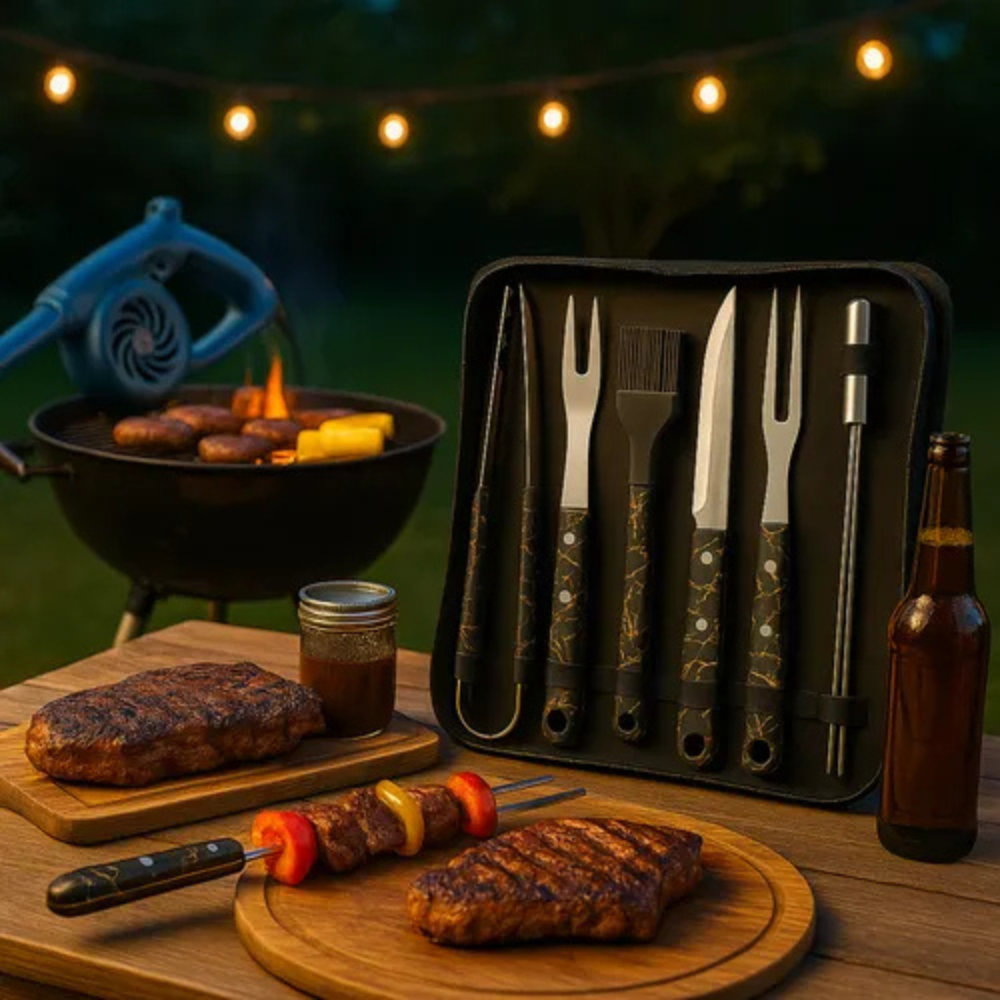 Kit Asados Parrilla BBQ Estuche 11 Piezas + Soplador Manual