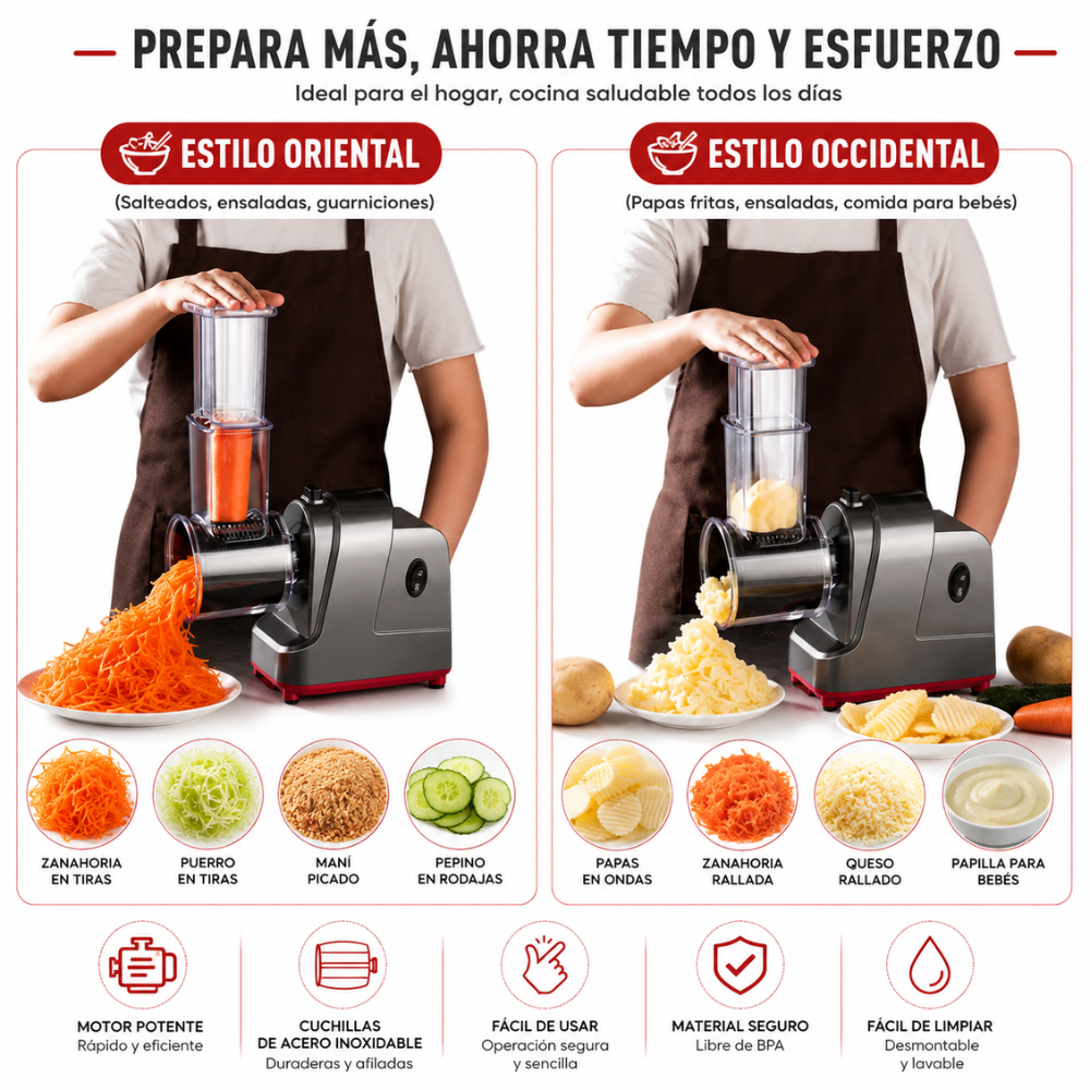 Cortador Verduras Eléctrico Rallador Queso 250W Cinco Cuchillas 110V