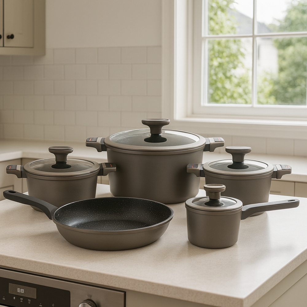 Bateria Cocina Ollas 9 Piezas Marmol Antiadherente Premium Gris