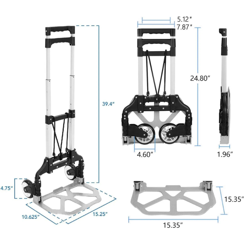 Carretilla aluminio Plegable 3 Ruedas 80 kg Portátil Gomas de Sujeción ligera y resistente