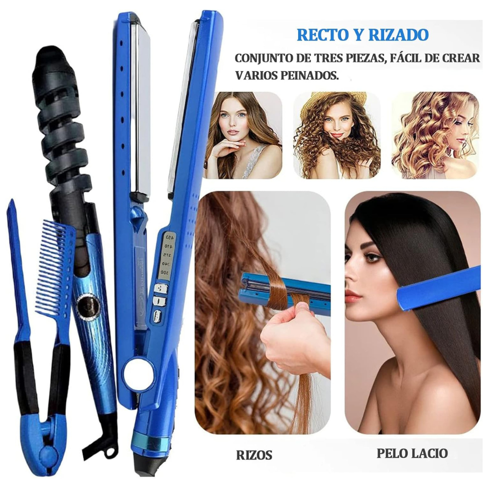 Combo Plancha, Rizador Y Peineta Nano Titanium Replica