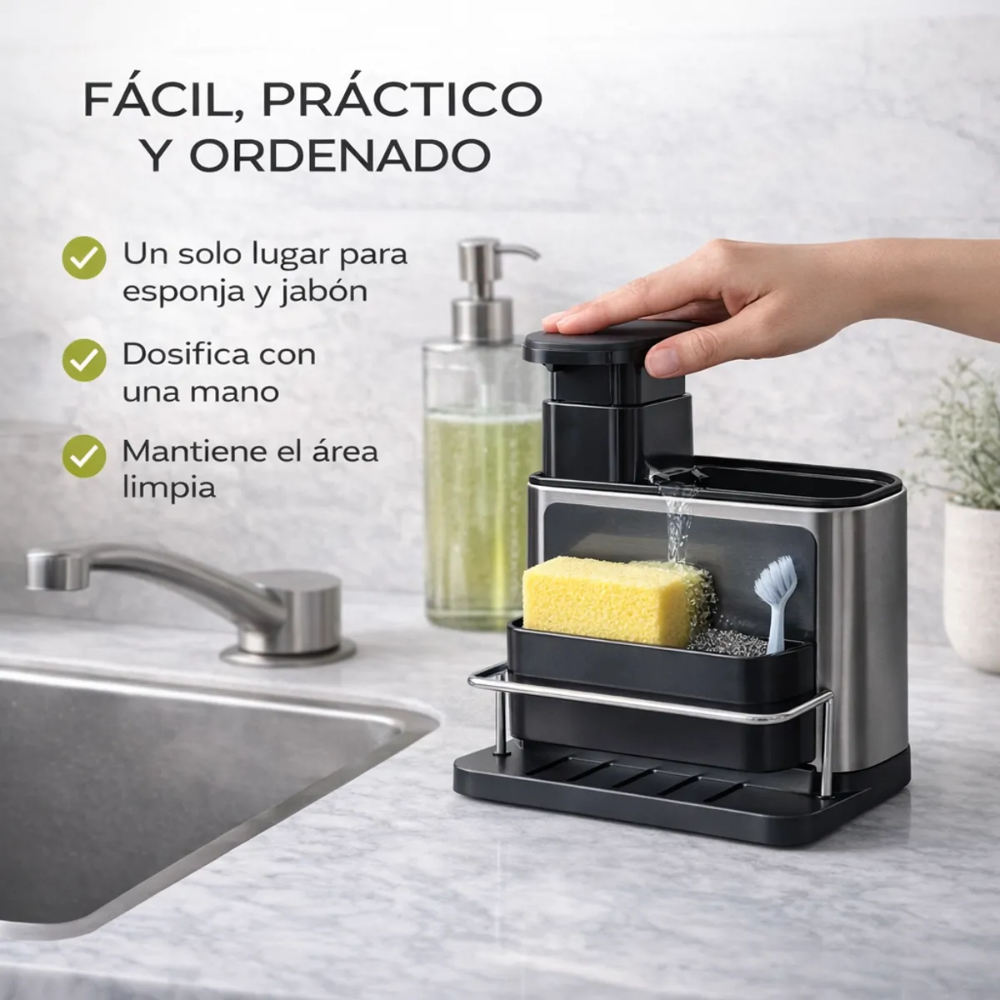 Dispensador de Jabón Líquido para Cocina con Porta Esponja 2 en 1 Antideslizante Diseño Moderno
