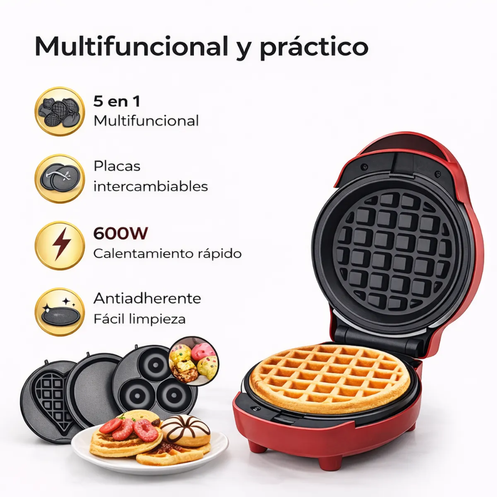 Waflera Eléctrica Sokany 5 en 1 Antiadherente 600W con Placas Intercambiables