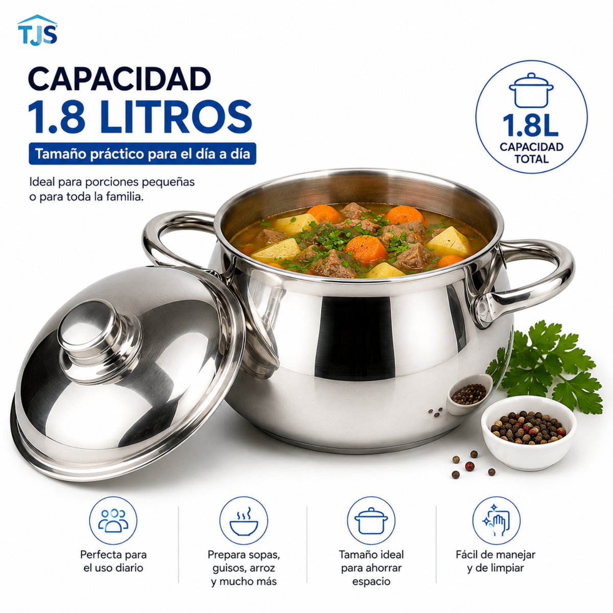 Olla Perla Premium Tapa Acero Quirúrgico T304 1.8 Litros Brillo Espejo