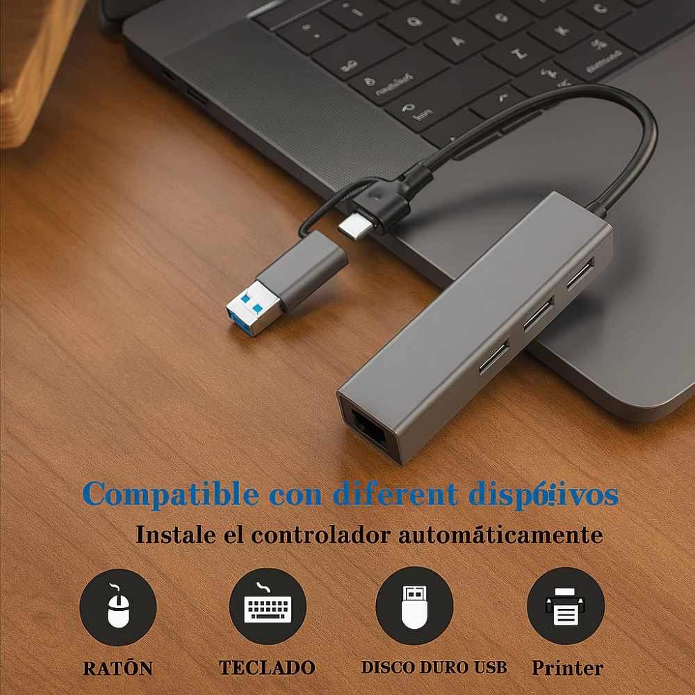 Convertidor USB Tipo C a 3 Puertos USB + Puerto RJ45 Red Ethernet Alta Velocidad
