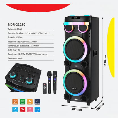 Cabina Bluetooth NDR-1226 12" 3000W con Micrófono y Luces LED Sonido Profesional 12 Pulgadas Graves Potente