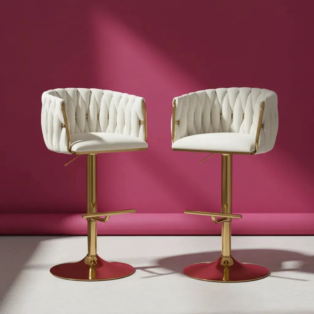 Set X2 Sillas Bar Butaco Alta Giratoria Barra Cocina Premium Cromado Blanco