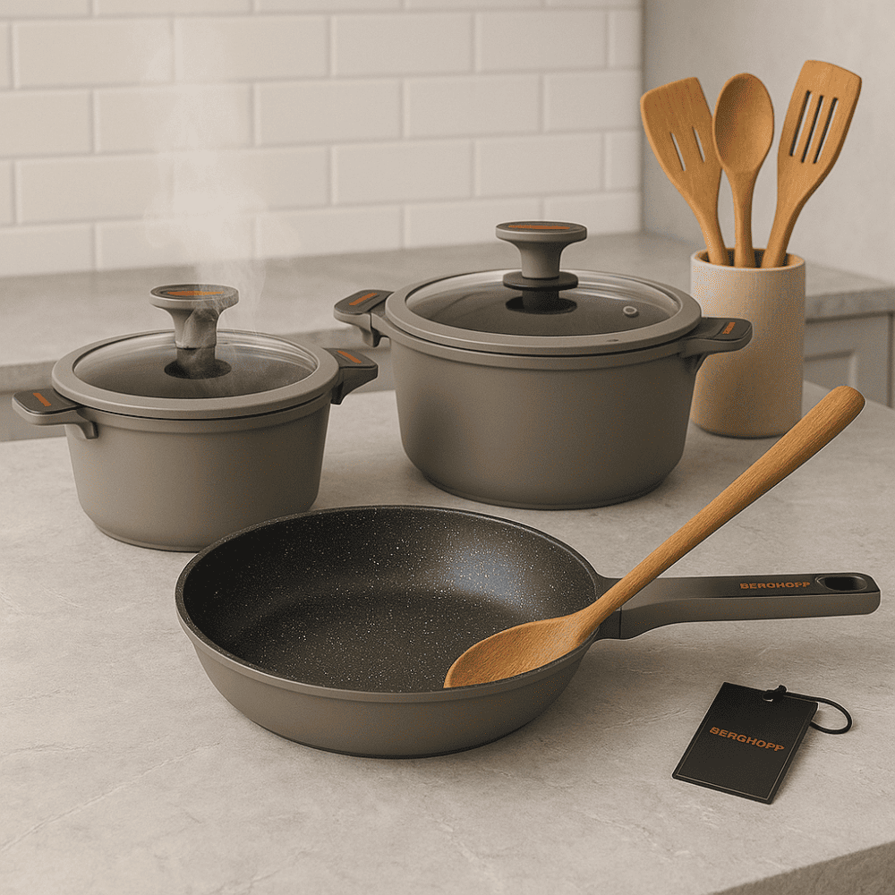 Bateria Cocina Ollas 5 Piezas Marmol Antiadherente Premium Gris