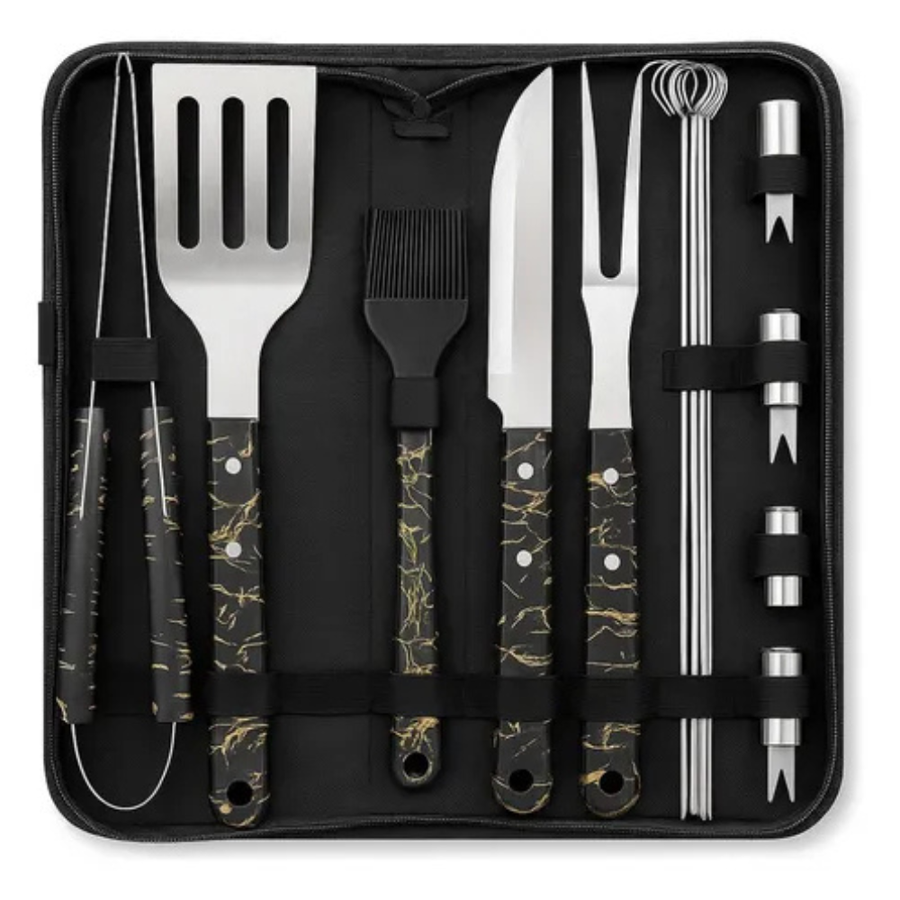 Kit Asados Parrilla BBQ Estuche 11 Piezas + Soplador Manual