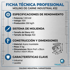 Molino Carne Picador Industrial #22 Acero Inoxidable 250kg 110v