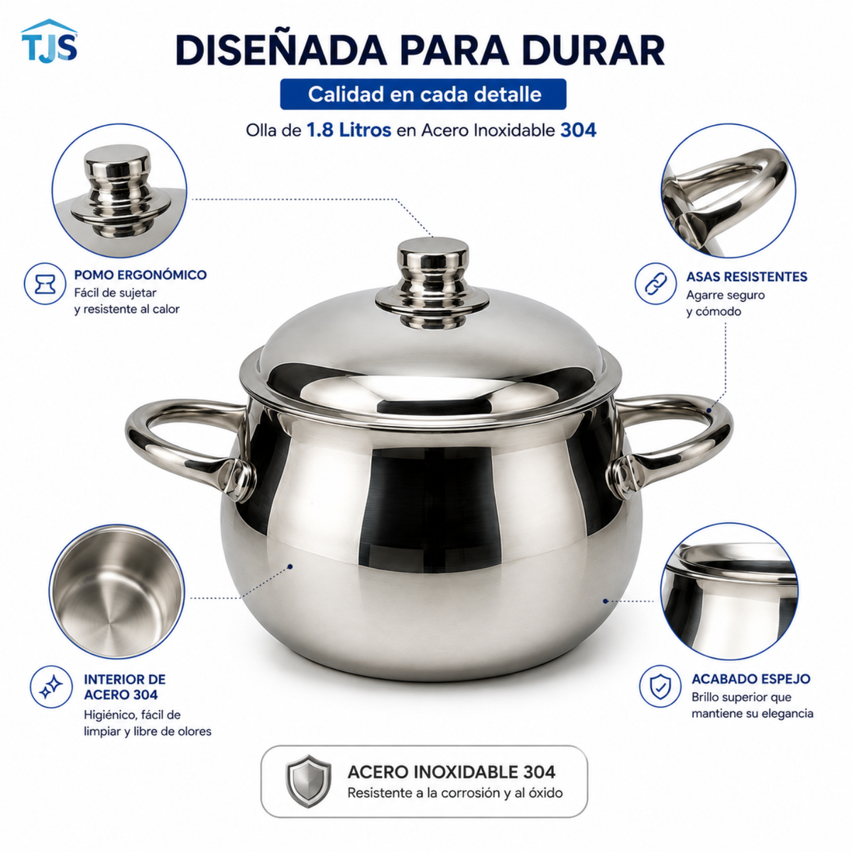Olla Perla Premium Tapa Acero Quirúrgico T304 1.8 Litros Brillo Espejo