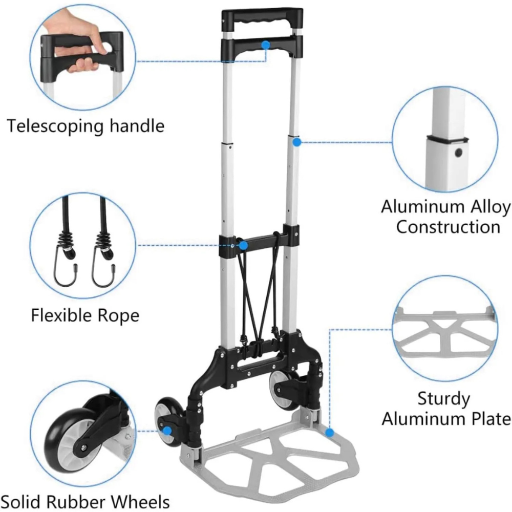 Carretilla aluminio Plegable 3 Ruedas 80 kg Portátil Gomas de Sujeción ligera y resistente
