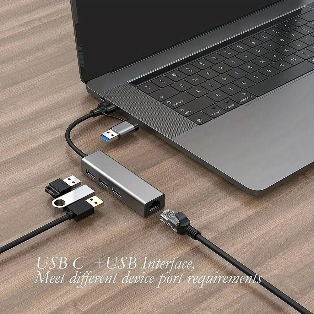 Convertidor USB Tipo C a 3 Puertos USB + Puerto RJ45 Red Ethernet Alta Velocidad