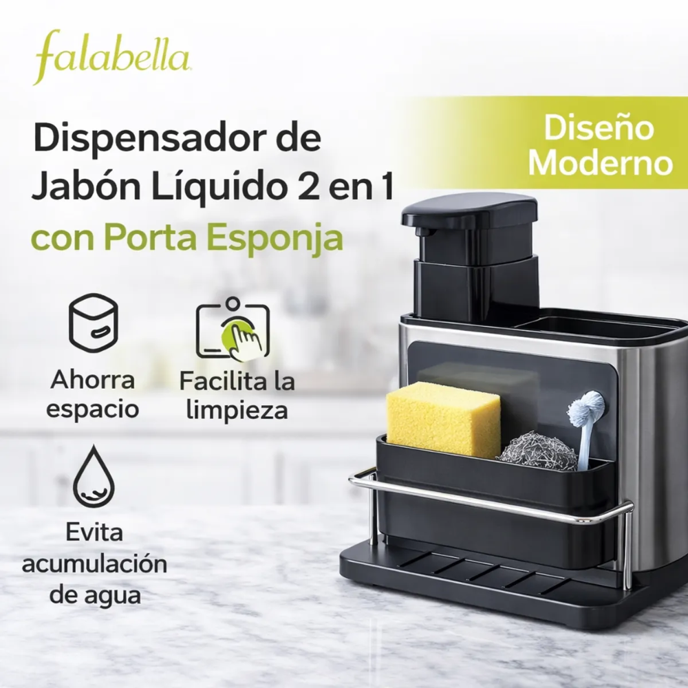 Dispensador de Jabón Líquido para Cocina con Porta Esponja 2 en 1 Antideslizante Diseño Moderno