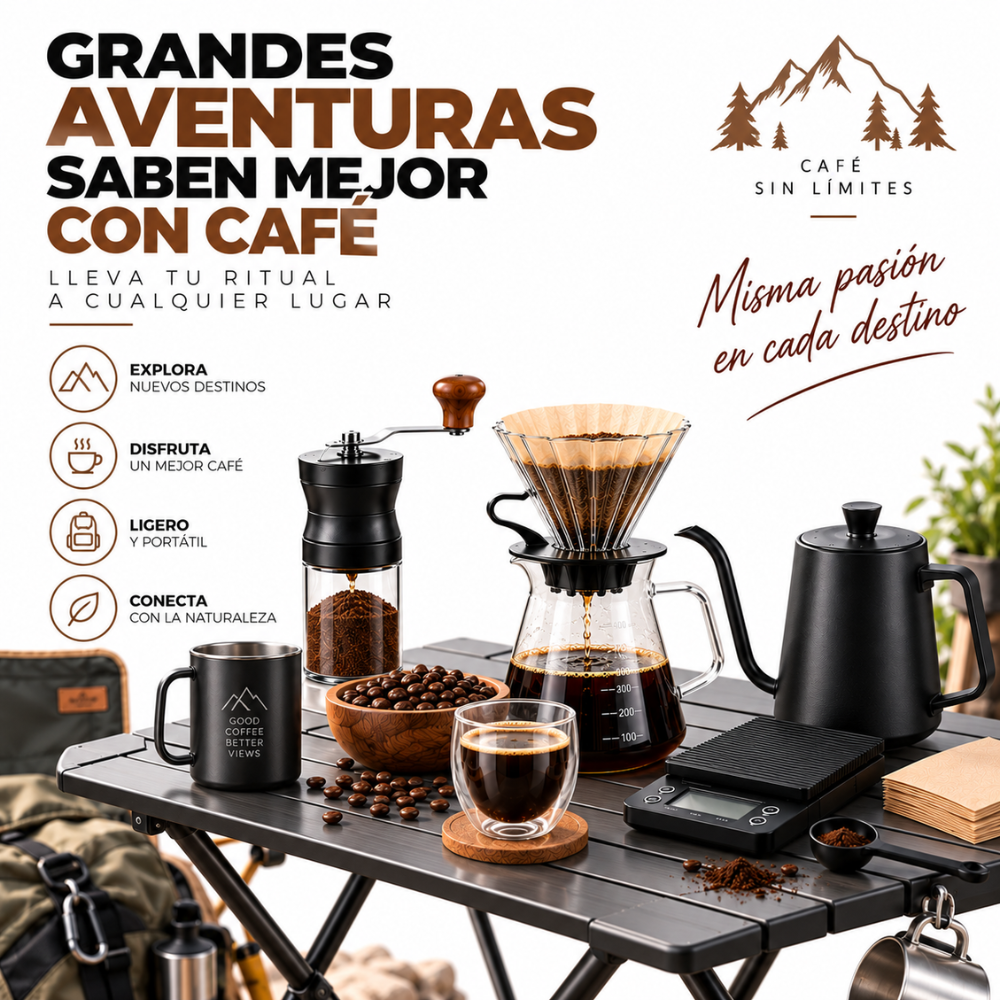 Set Cafetero Portátil Molinillo Manual Tetera Cuello Cisne Goteo 600ml