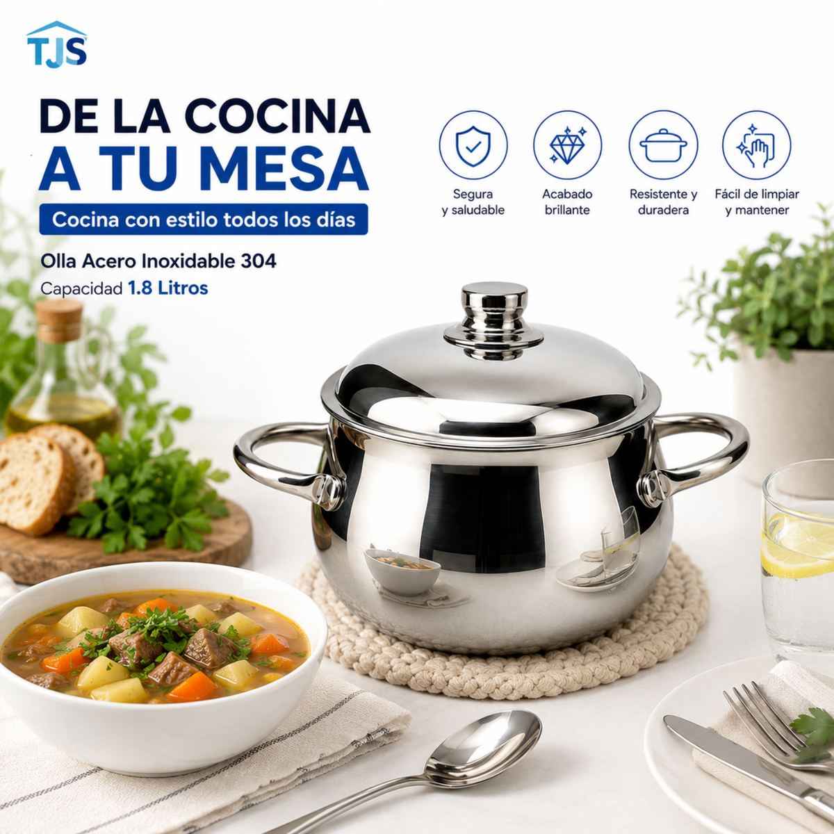 Olla Perla Premium Tapa Acero Quirúrgico T304 1.8 Litros Brillo Espejo