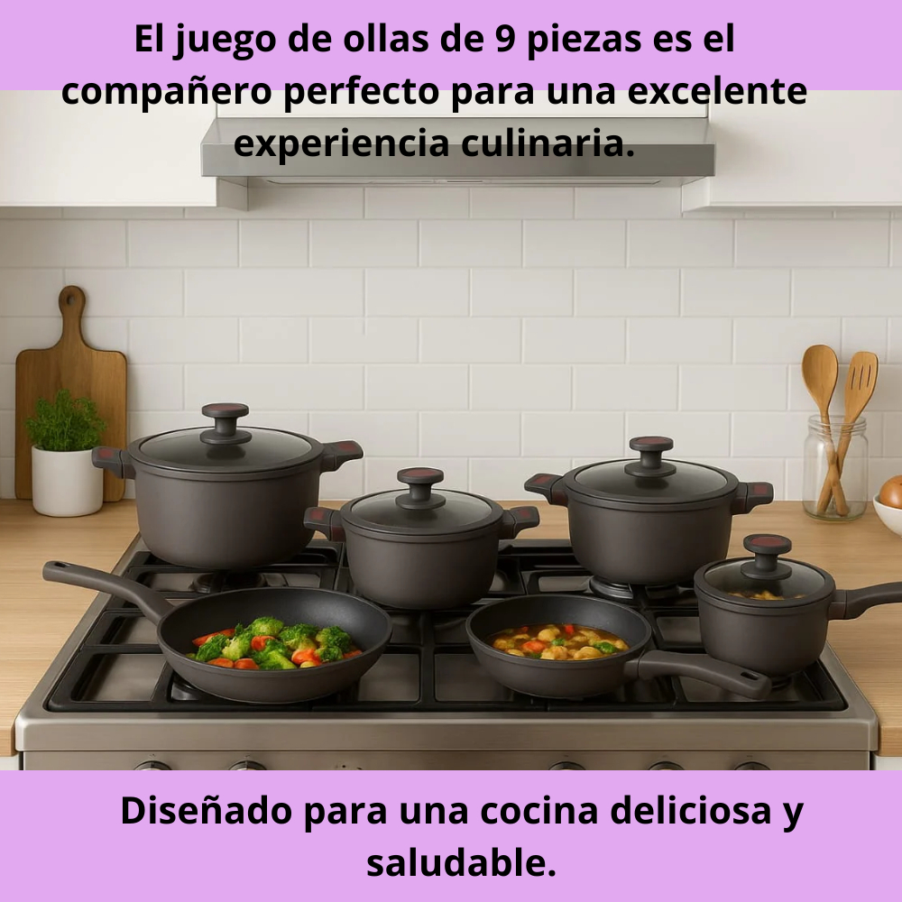 Bateria Cocina Ollas 9 Piezas Marmol Antiadherente Premium Gris