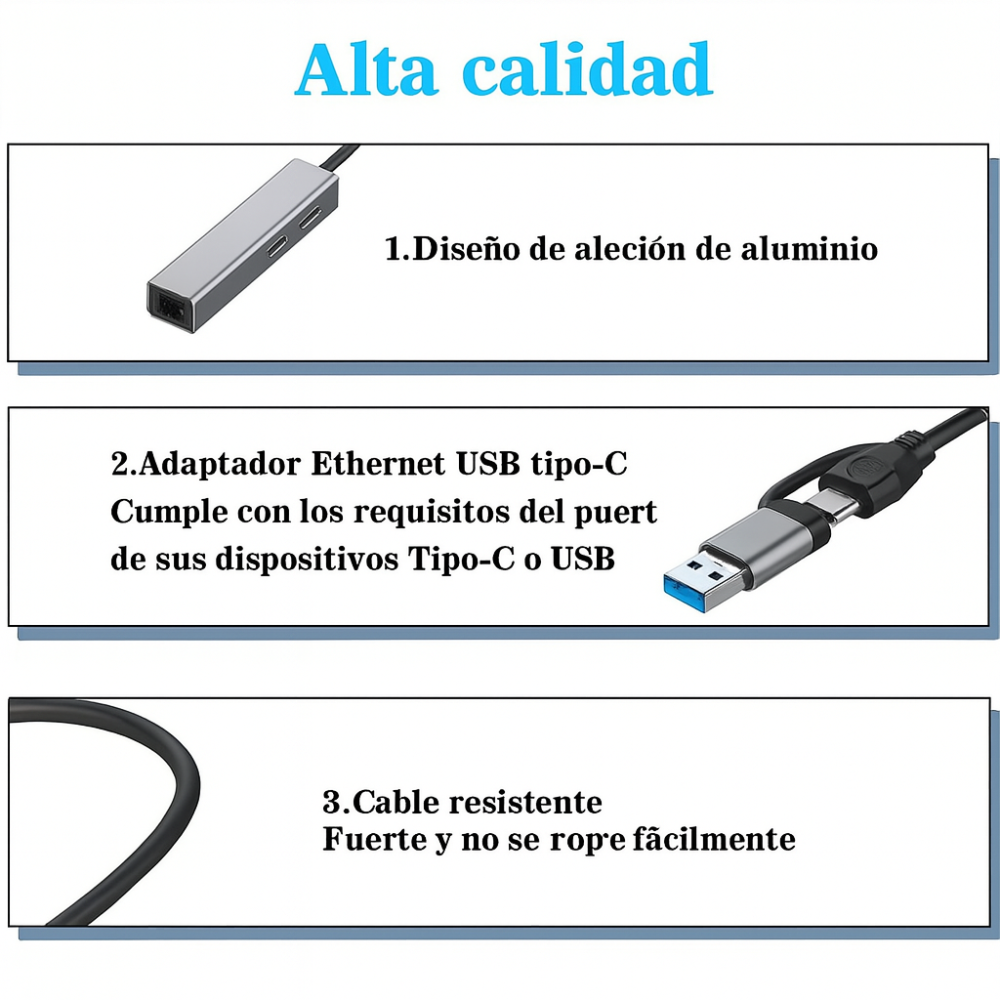 Convertidor USB Tipo C a 3 Puertos USB + Puerto RJ45 Red Ethernet Alta Velocidad