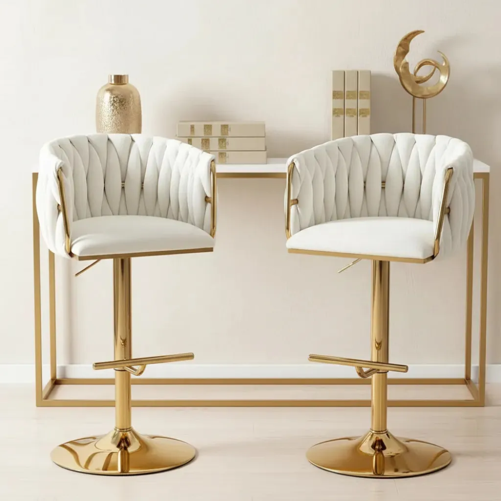 Set X2 Sillas Bar Butaco Alta Giratoria Barra Cocina Premium Cromado Blanco