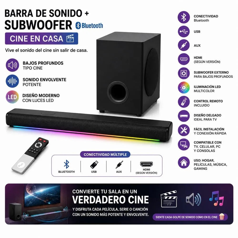 Barra Sonido Teatro En Casa Subwoofer Bluetooth Cine En Casa