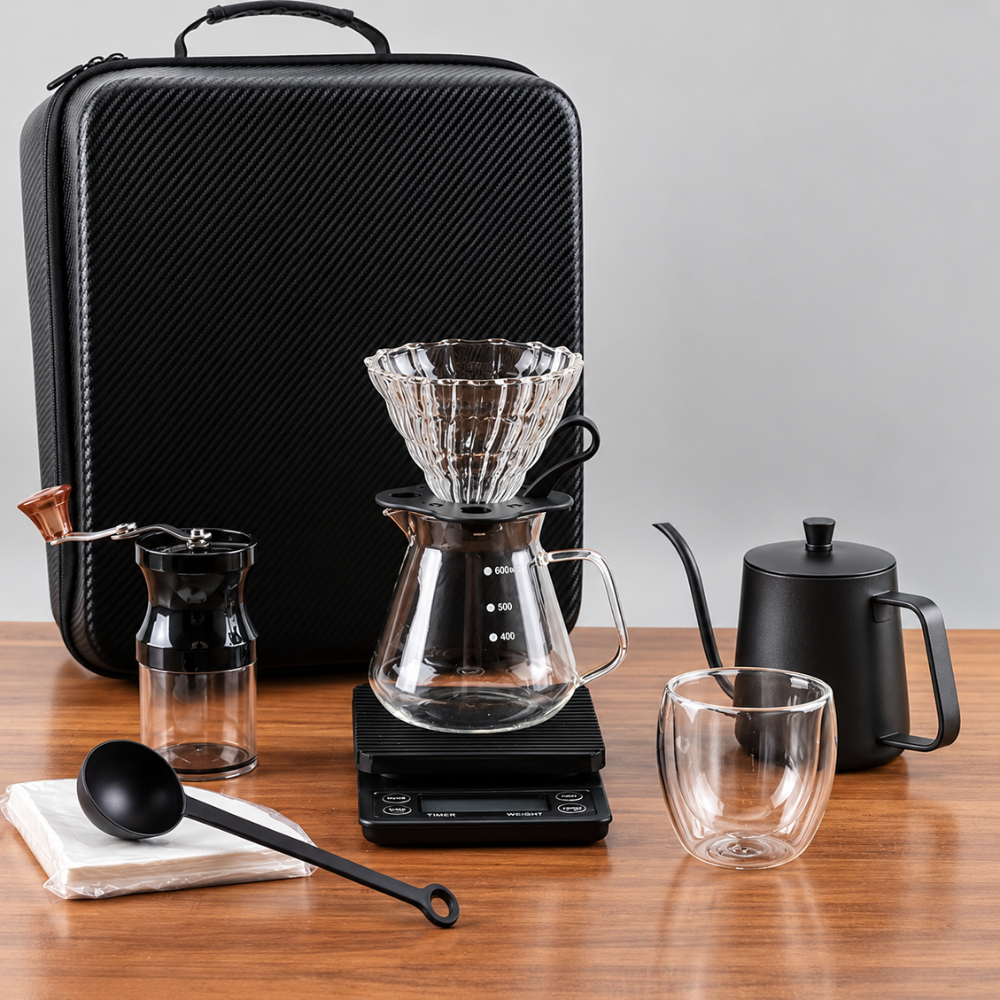 Set Cafetero Portátil Molinillo Manual Tetera Cuello Cisne Goteo 600ml